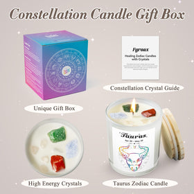 Fyroax Taurus gift candle with green aventurine crystals for calm focus and fortune
