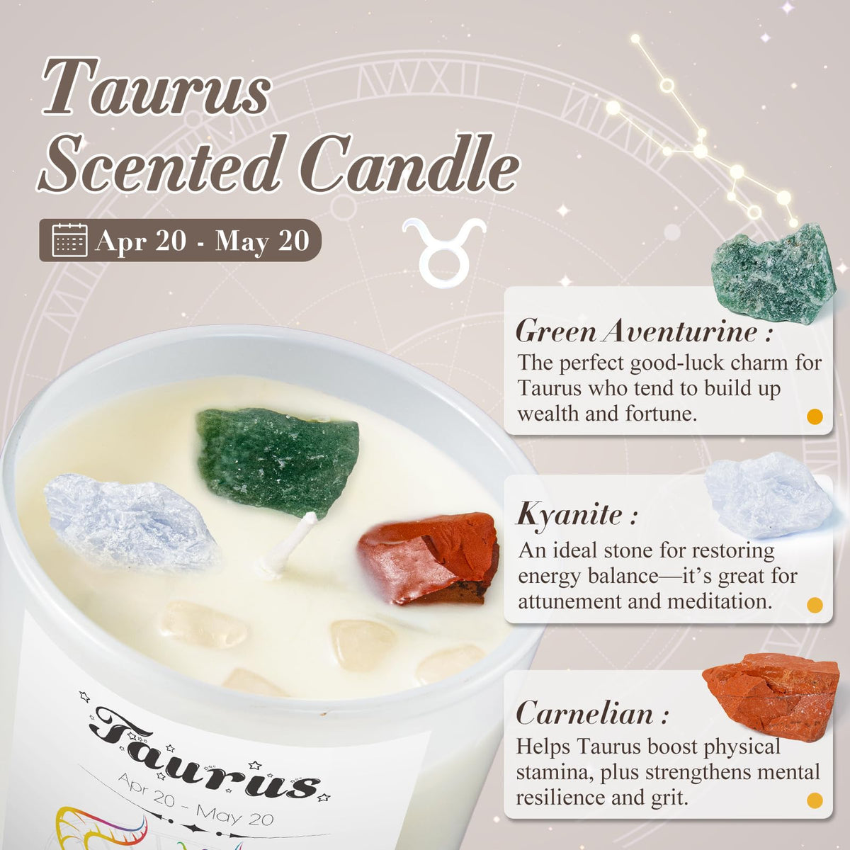 Fyroax Taurus candle featuring kyanite for energy balance during meditation