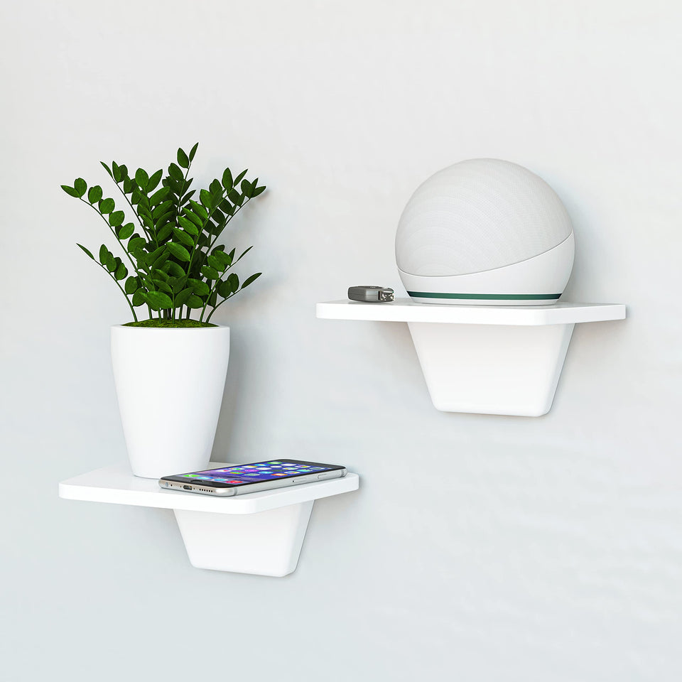 Fytz Design white floating shelves on wall for compact display.