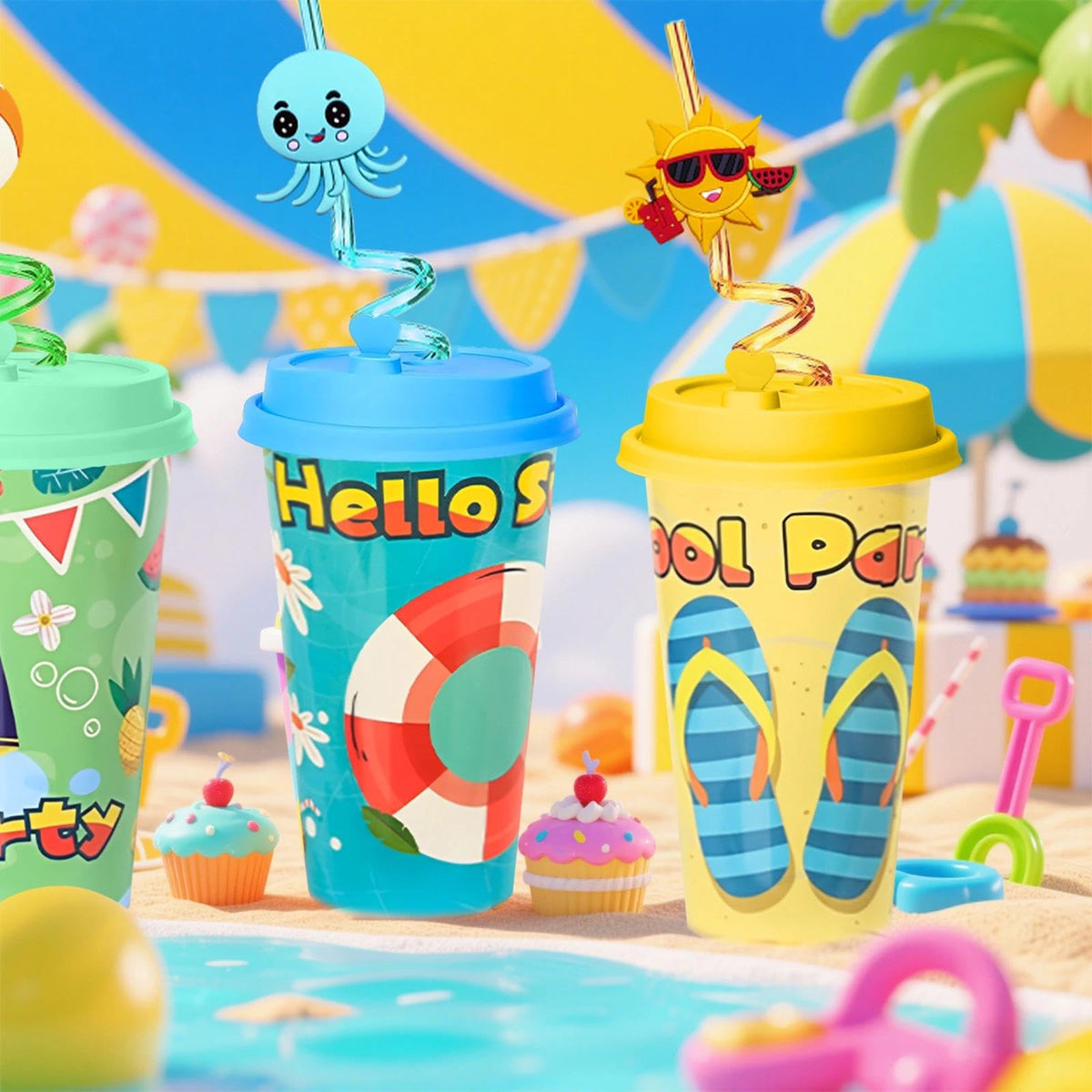 FZR Legend beach-themed cups showcase bright colors for summer celebrations.