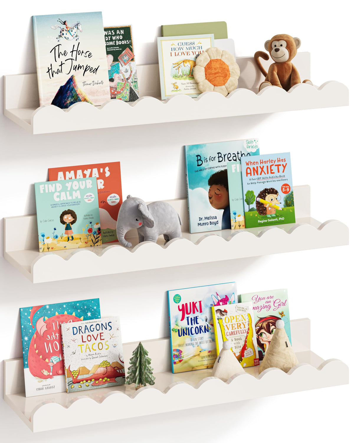 G&W Gruwald nursery shelves showing easy wall-mount assembly and organization