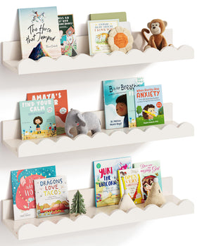 G&W Gruwald nursery shelves showing easy wall-mount assembly and organization