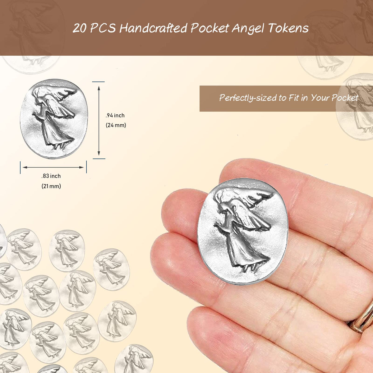Gaberic guardian angel token back view, silver-tone pocket talisman