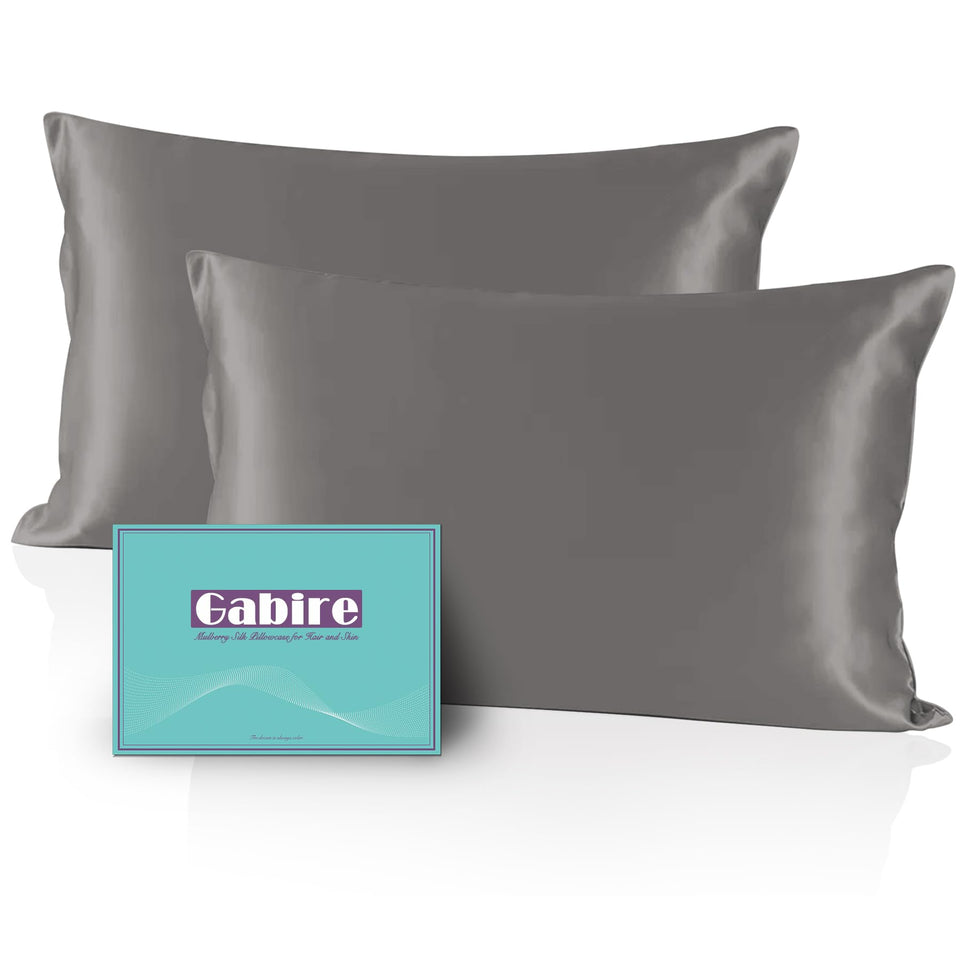 Gabire mulberry silk pillowcase grey king on bed, smooth skin and hair care.