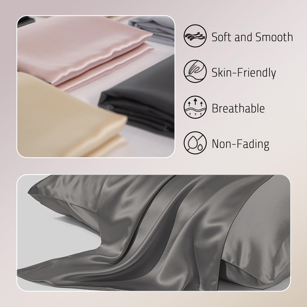 Gabire silk pillowcase close-up reveals smooth weave reducing friction and bedhead.