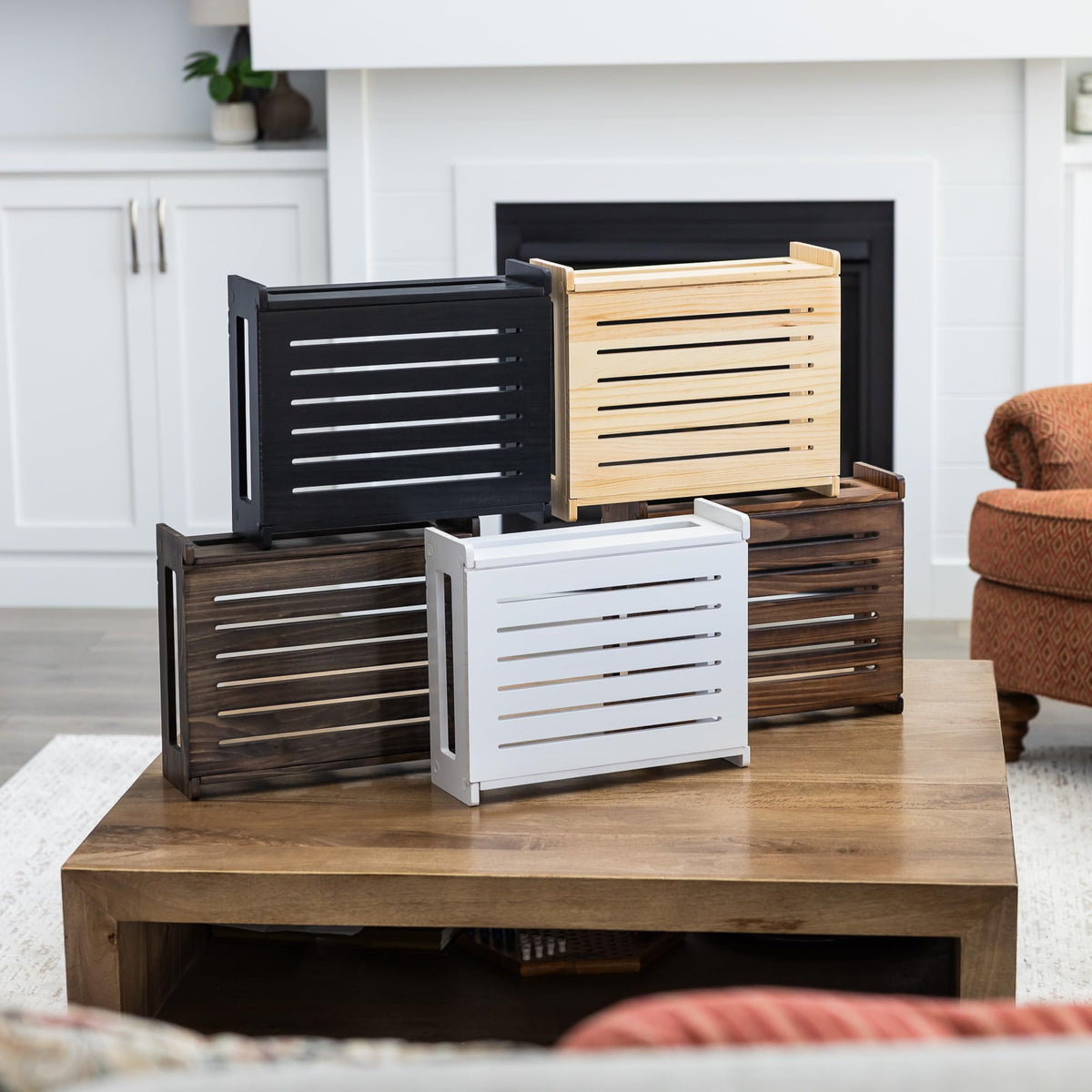 Gadget Garage rustic wood box adds decorative appeal.