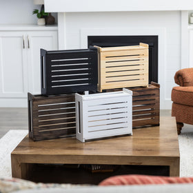 Gadget Garage rustic wood box adds decorative appeal.