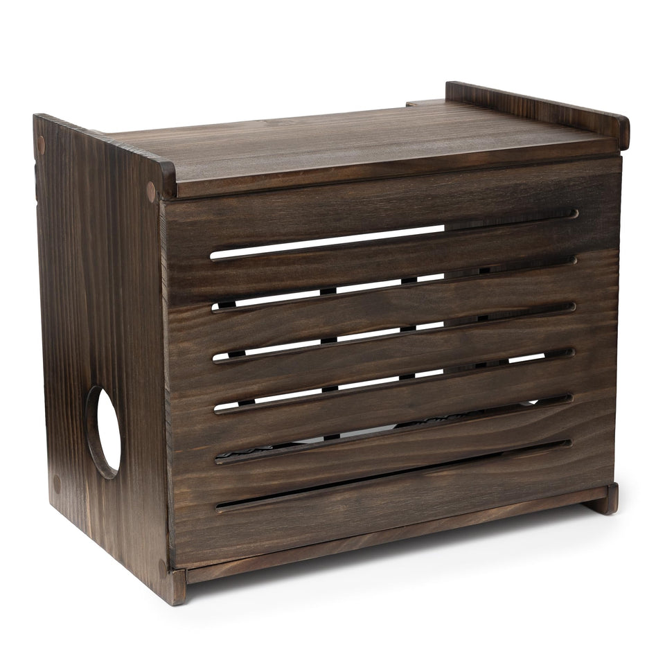 Gadget Garage wooden WiFi router storage box front view in espresso brown hides clutter