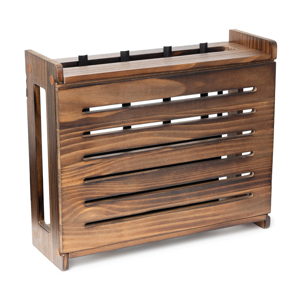 Gadget Garage Wooden Router Box in dark oak, front view, showcasing a sleek decor-friendly storage solution.