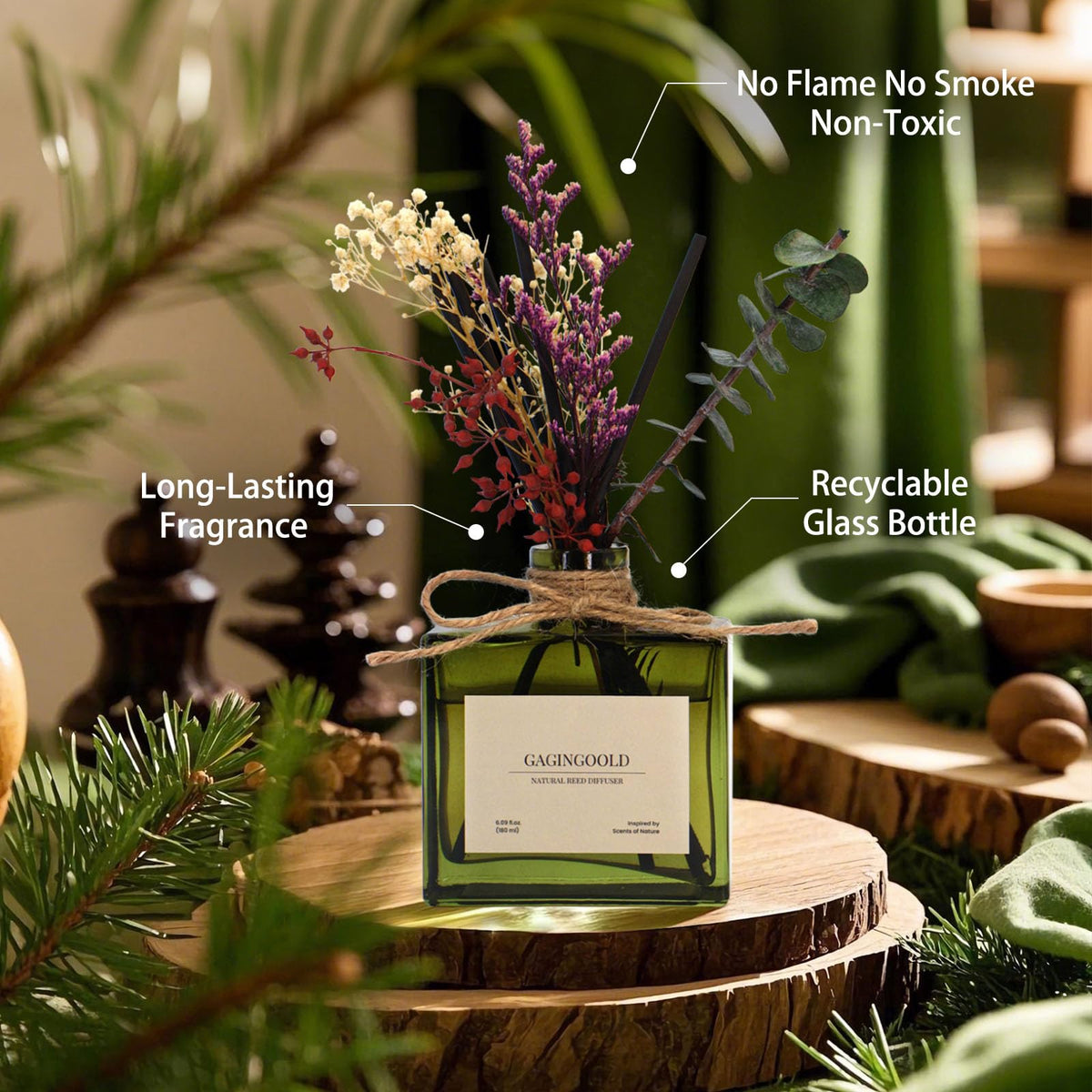 GAGINGOOLD dried eucalyptus and flowers add natural decor to diffuser.