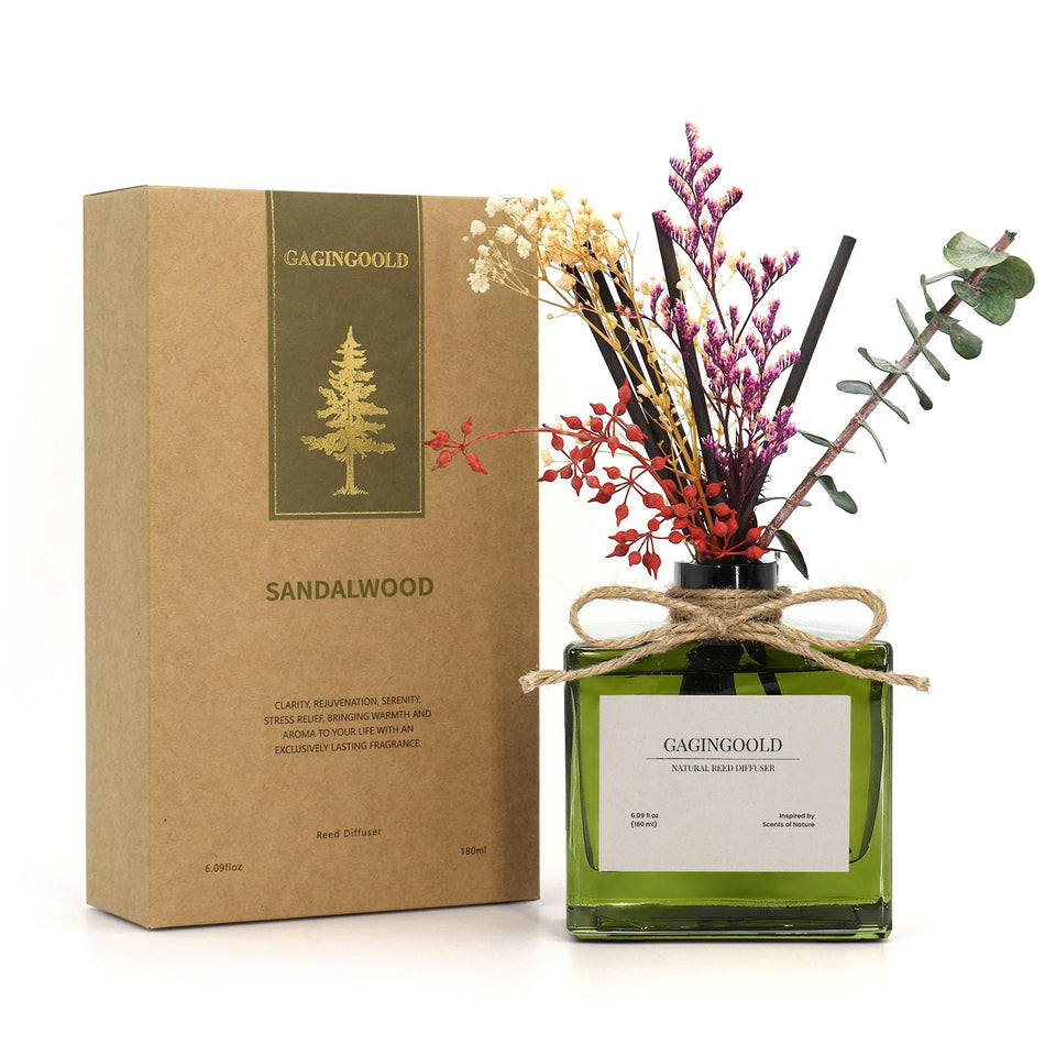 GAGINGOOLD reed diffuser bottle with earthy sandalwood scent for calm spaces.