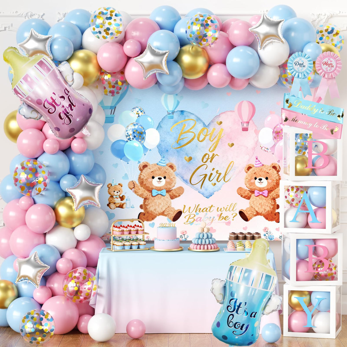 GAILROSO bear gender reveal backdrop for a memorable baby shower.