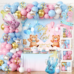 GAILROSO bear gender reveal backdrop for a memorable baby shower.