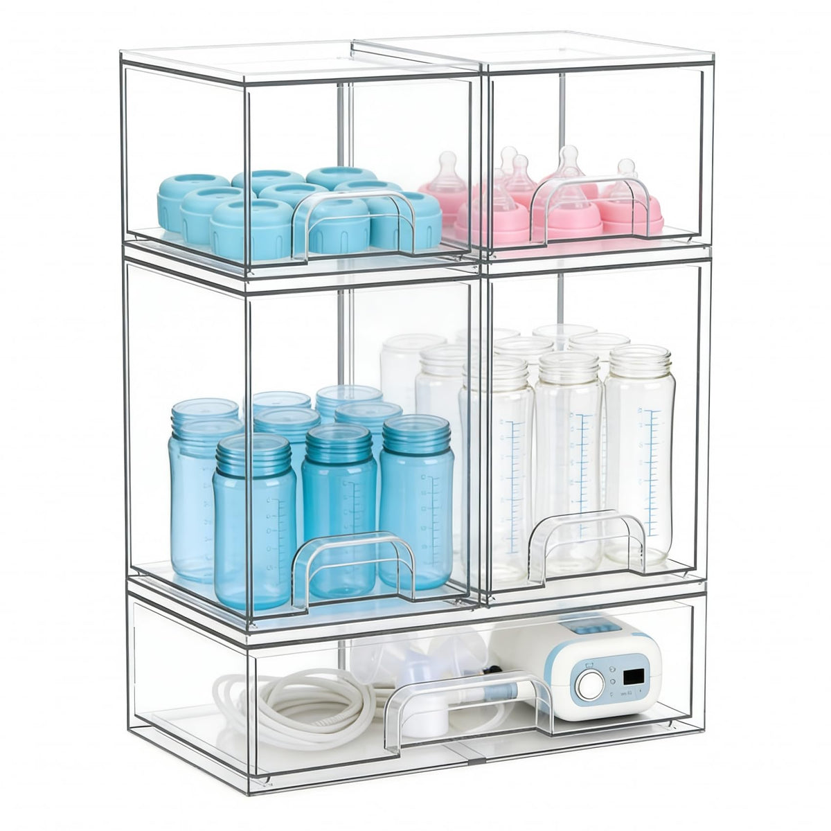 Gajiuhon baby bottle organizer with stackable acrylic design for neat storage.