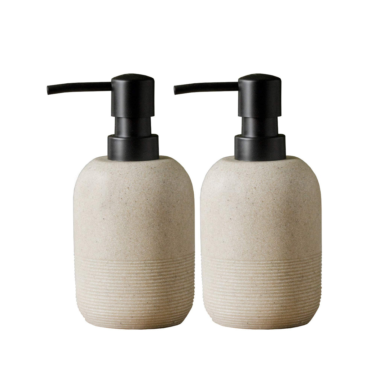 GalDal beige hand soap dispenser set, front view, elegant countertop accessory.