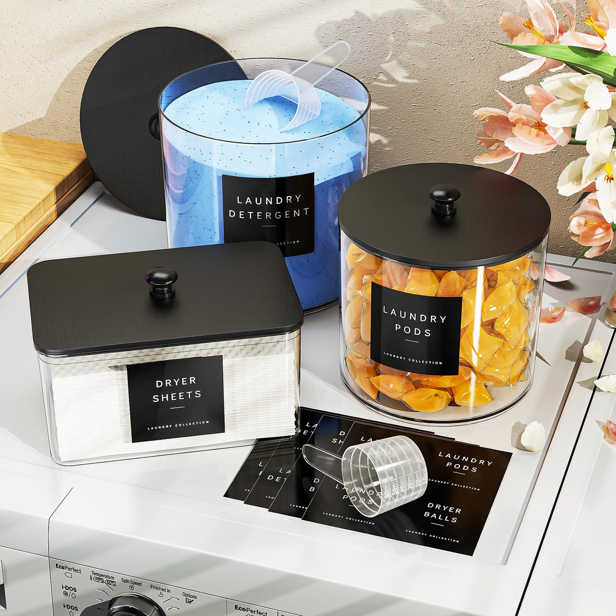 galasily aesthetic laundry room setup – transparent jars blend with any décor