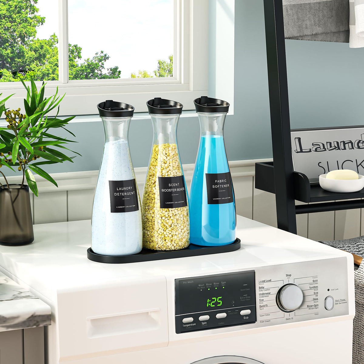 galasily laundry tray in black provides a neat, cohesive space for your dispensers.