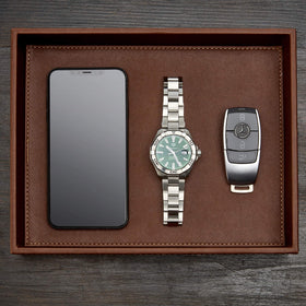 GALLAWAY Valet Tray with wallet and keys layout for easy reach