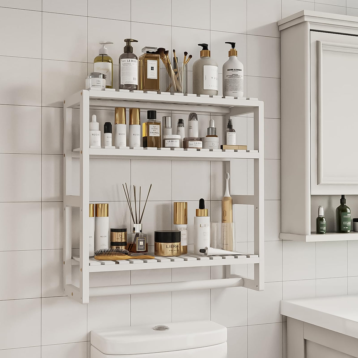 Galood bamboo bathroom storage with adjustable shelf in white