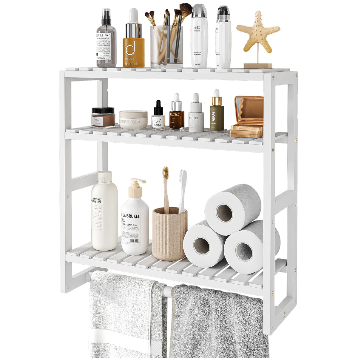 Galood over the toilet storage with a white 3 tier bamboo shelf beside the toilet
