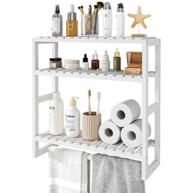 Galood over the toilet storage with a white 3 tier bamboo shelf beside the toilet