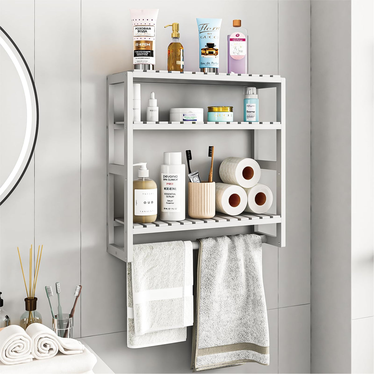 Galood wall mounted bathroom shelf with towel rack in white finish