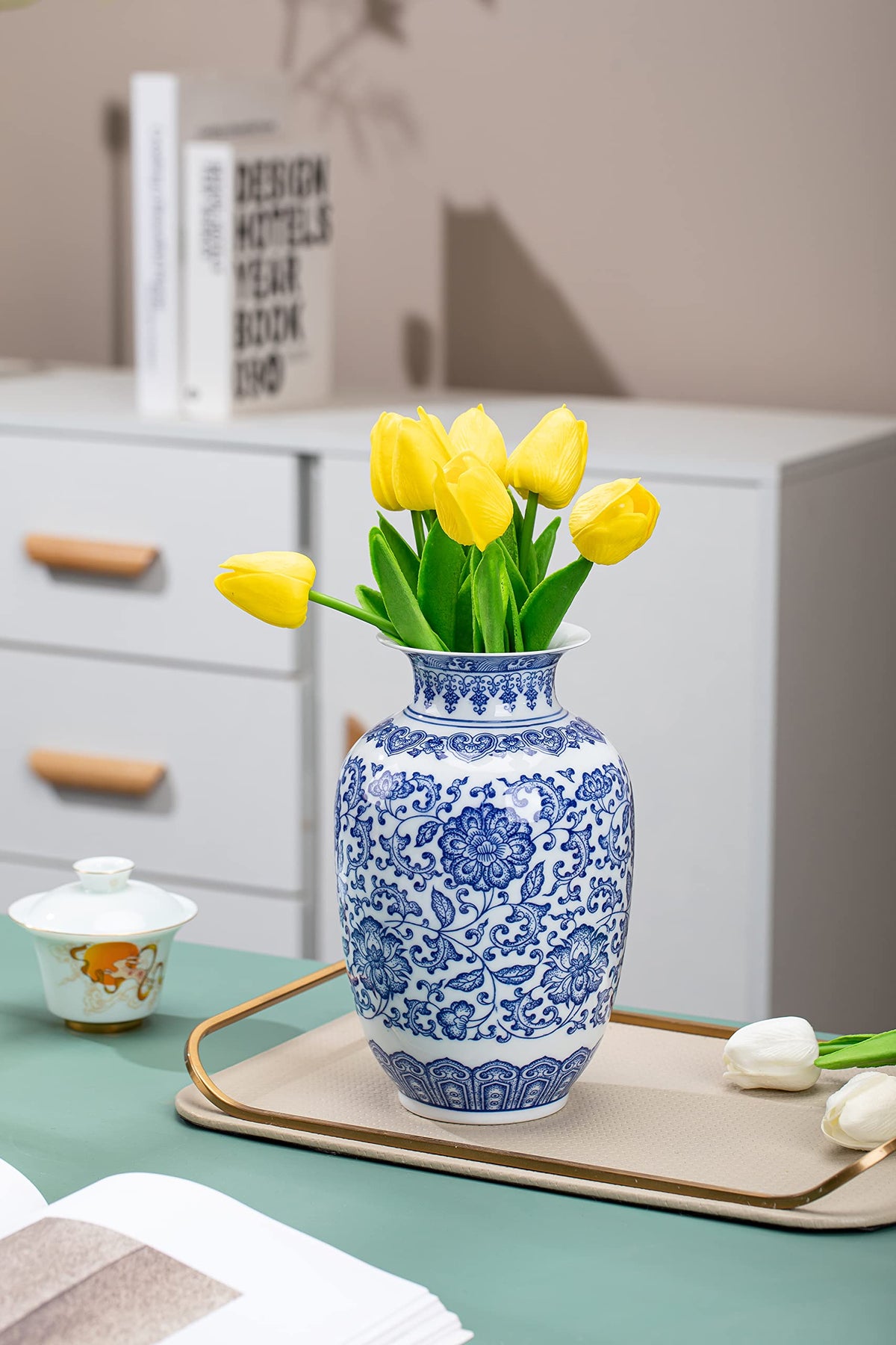 GaLouRo blue vase with florals ideal for bouquets and arrangements.