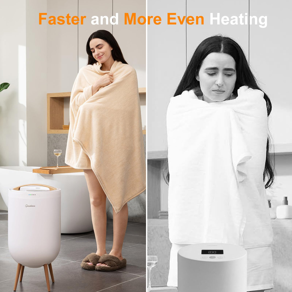 GAMOHOME towel warmer showing ambient lighting enhances bathroom ambiance