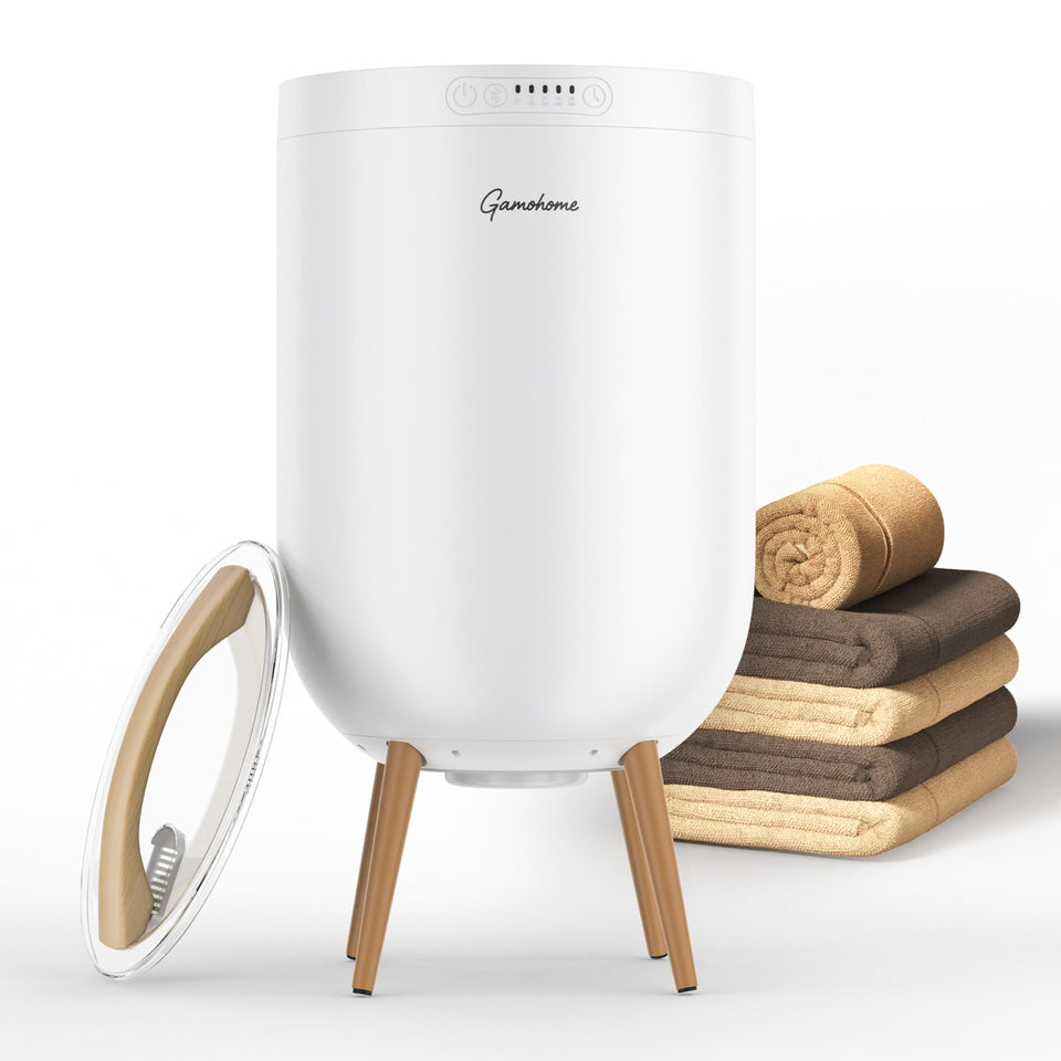 GAMOHOME towel warmer interior front view showing two-towel capacity and built-in warmth