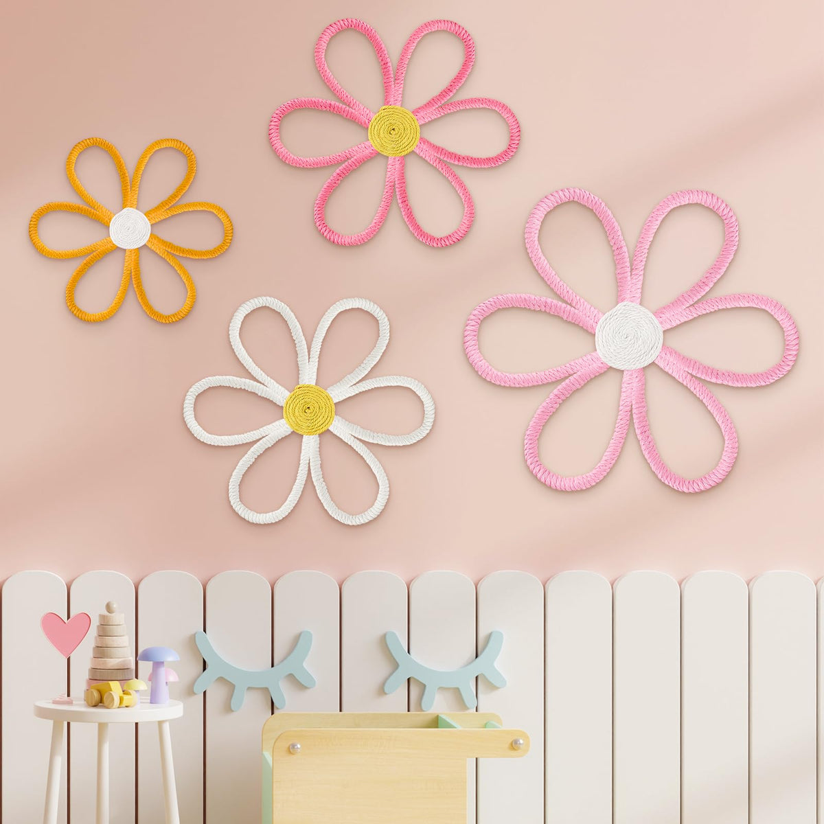 Ganeen boho nursery woven daisy wall decor with six petals adds cozy texture to any space.