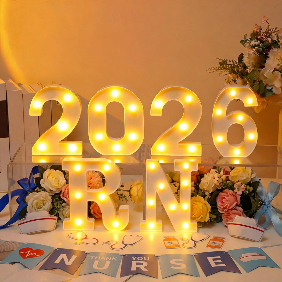 Ganeen RN 2026 LED letter lights illuminate graduation signage with a warm inviting glow.