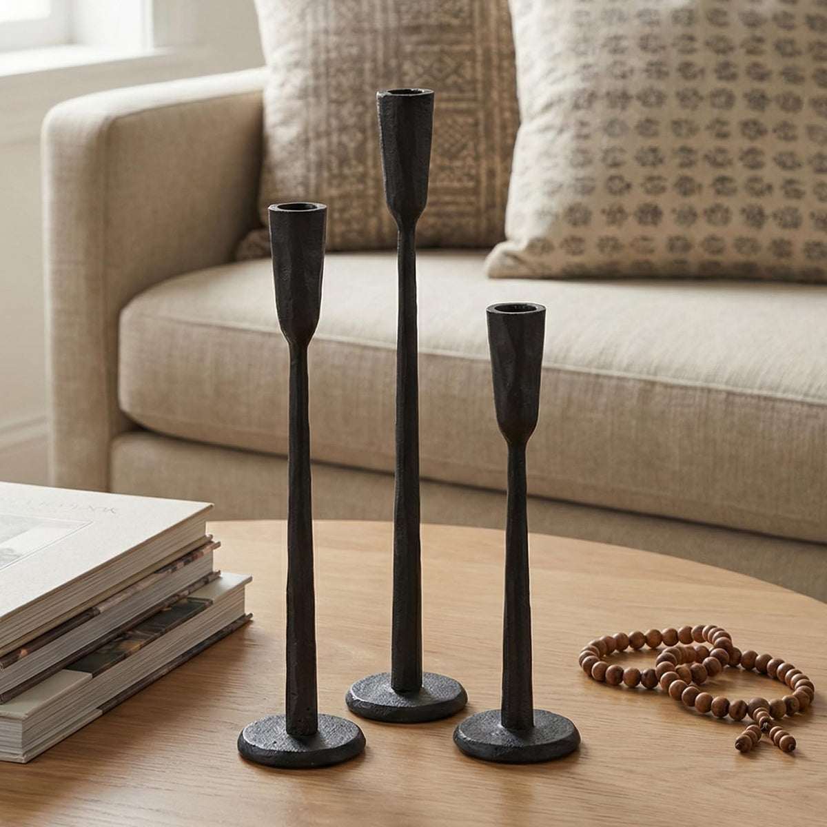 Ganwu black iron taper holder set, three side view, sturdy centerpiece for table decor