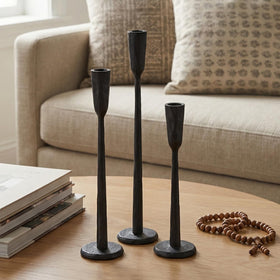 Ganwu black iron taper holder set, three side view, sturdy centerpiece for table decor