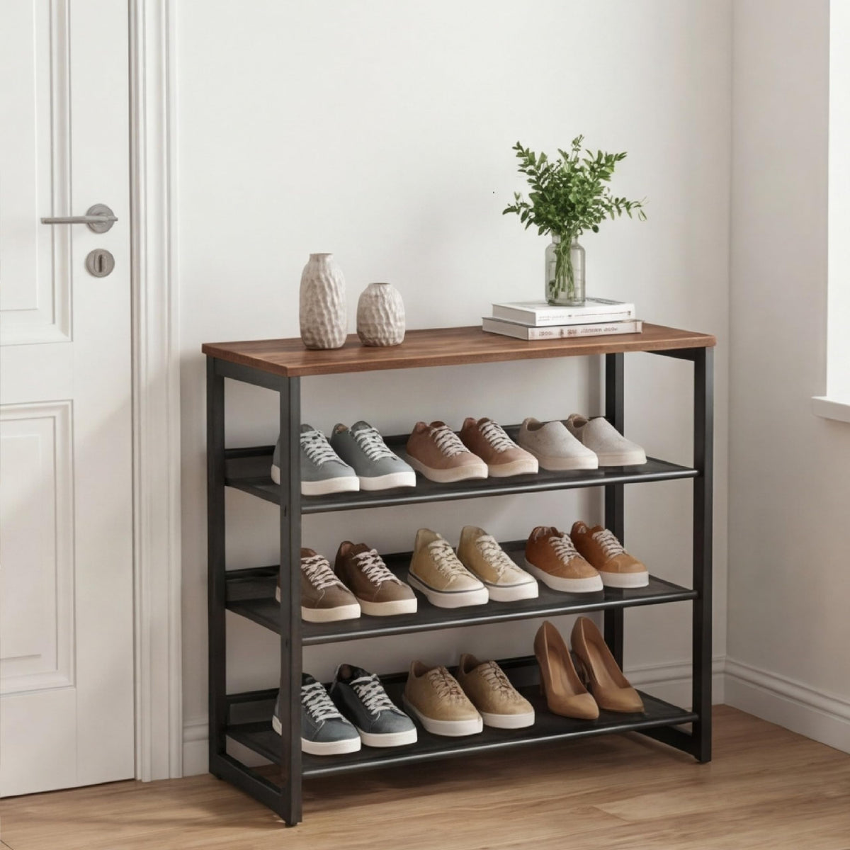 Garden 4 You shoe rack front view with four tiers and wood top for tidy entryways