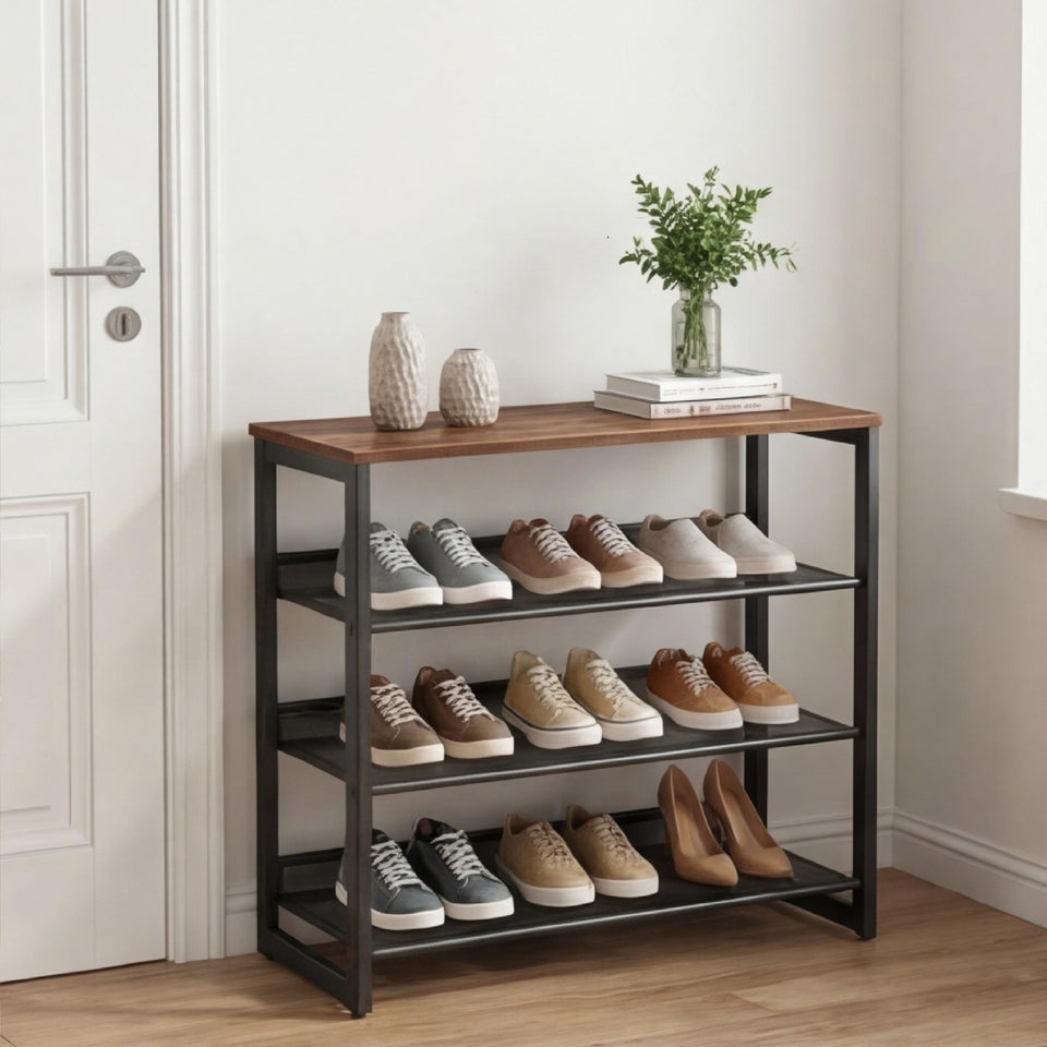 Garden 4 You shoe rack front view with four tiers and wood top for tidy entryways