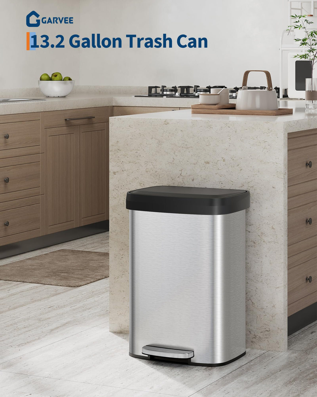 Garvee 13gal lid-closed trash can showcases fingerprint-resistant finish.