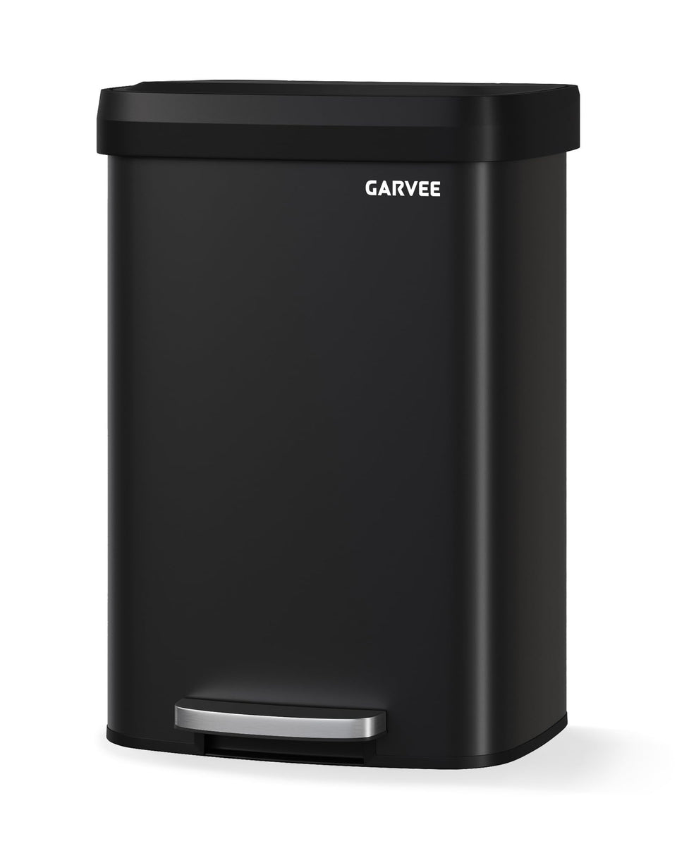 Garvee 13 gal metal trash can with lid—sleek, easy-to-clean surface for a tidy kitchen.