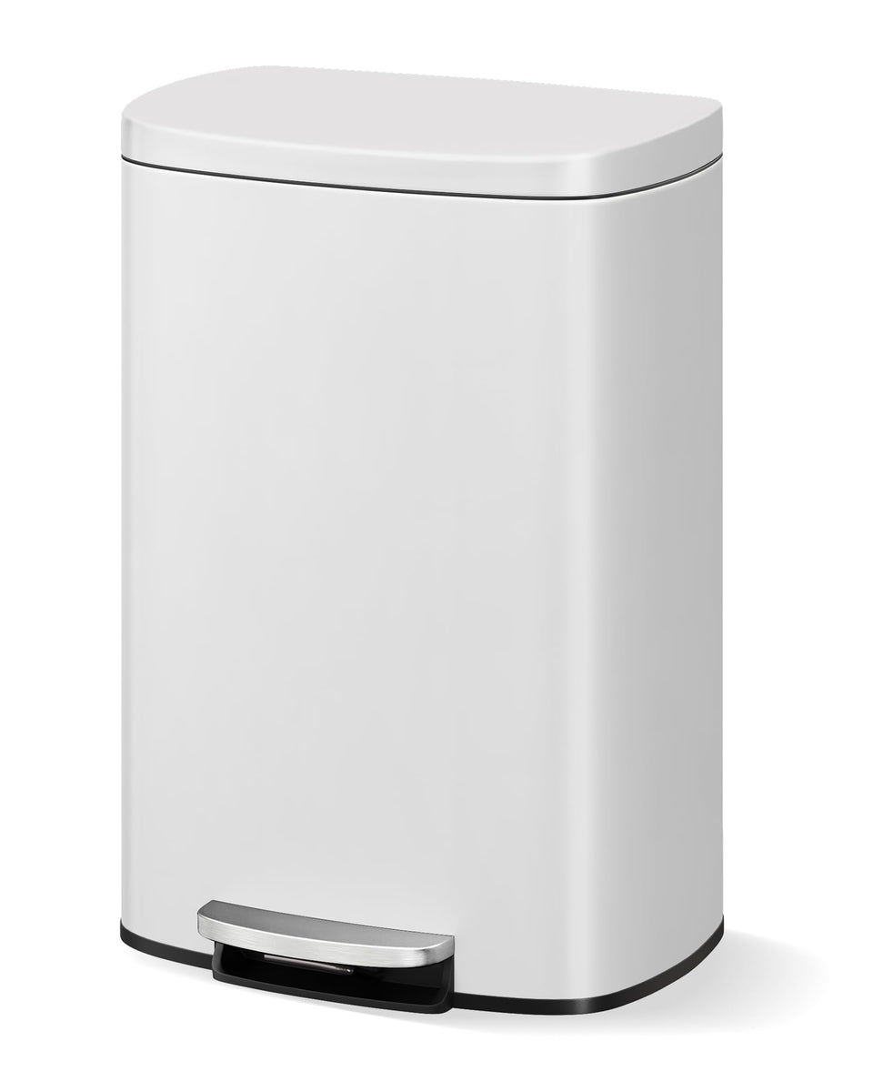 Garvee 13 gal metal trash can with lid features a fingerprint-resistant finish for quick cleaning.