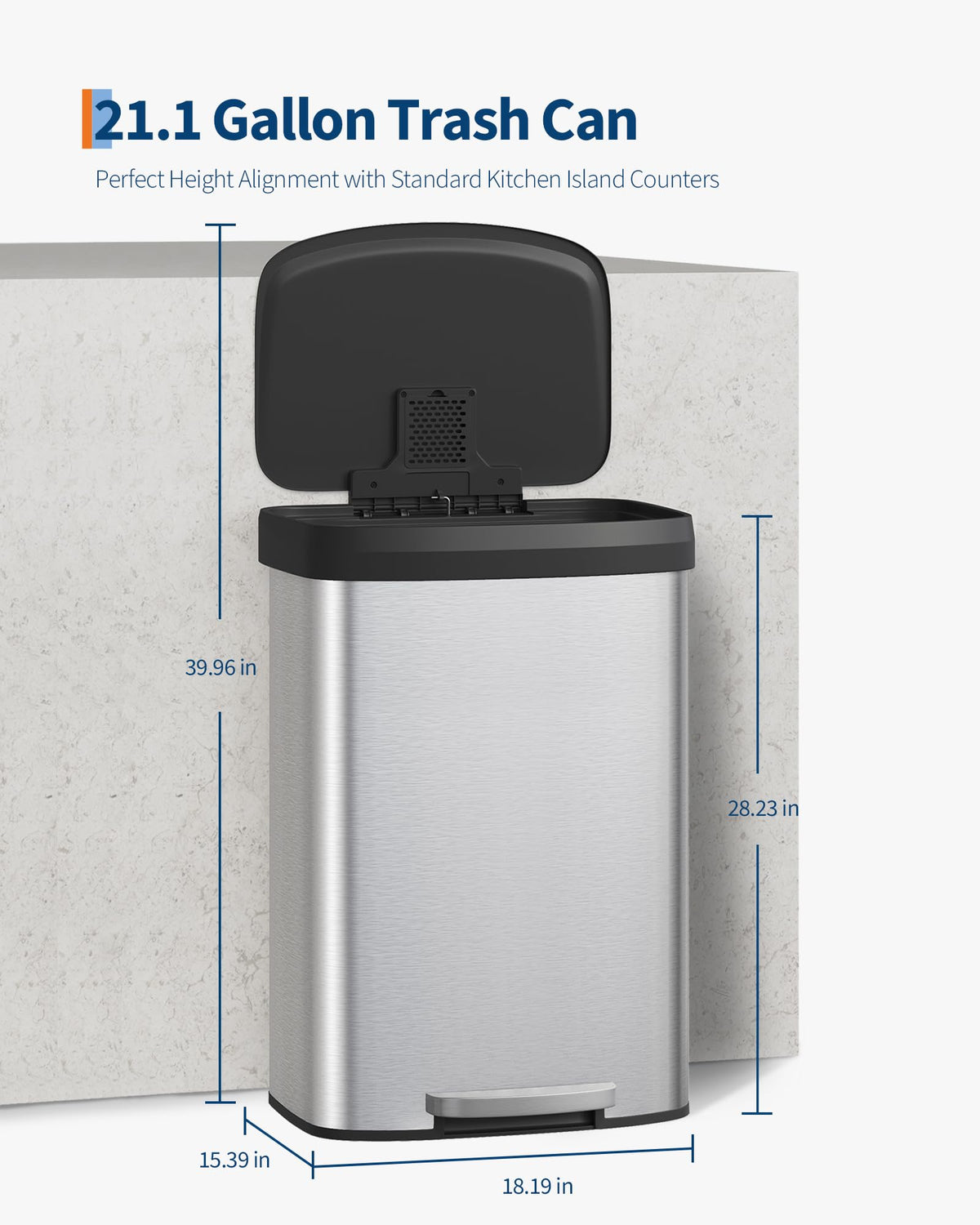 Garvee 80 L capacity kitchen trash bin fits large households.