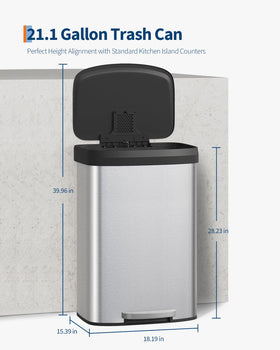 Garvee 80 L capacity kitchen trash bin fits large households.
