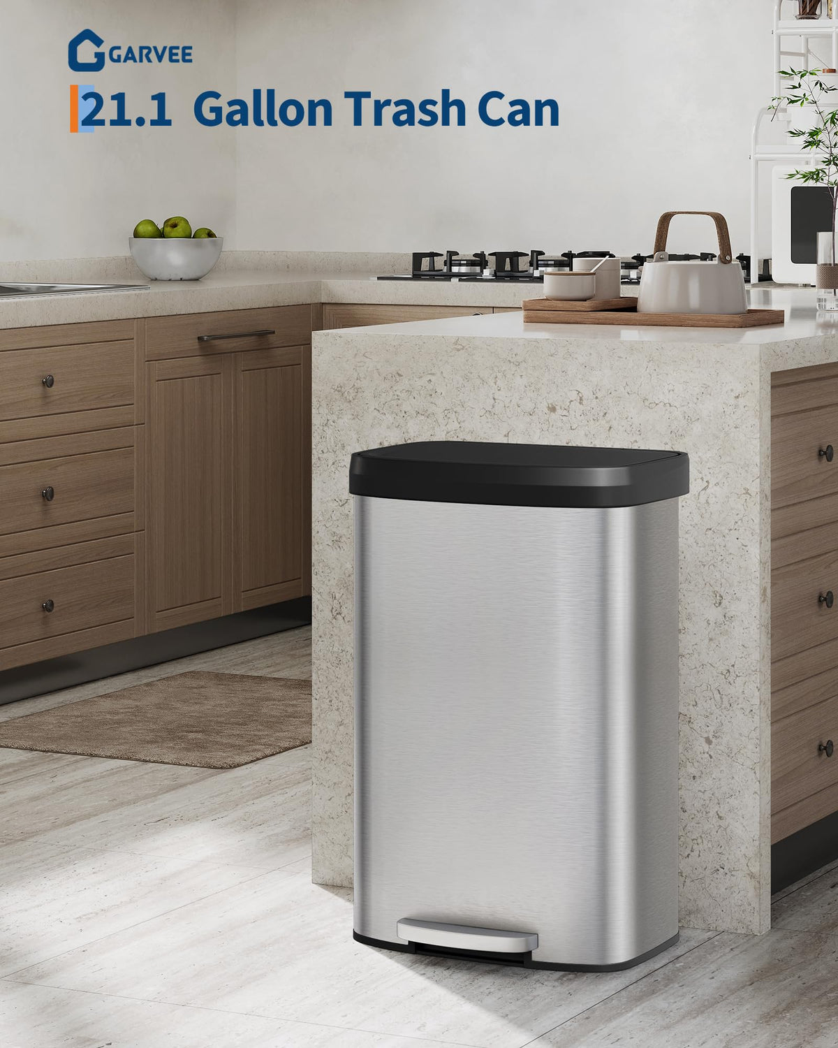 Garvee integrated liner rim on trash bin secures bags and hides edges.