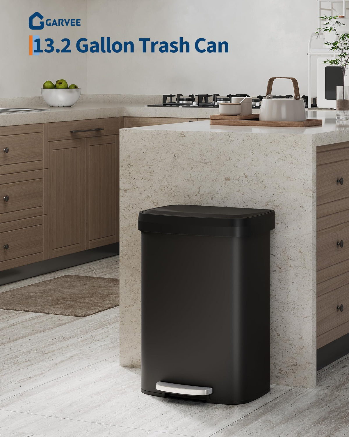 Garvee trash bin rear handle—easy relocation for quick kitchen cleanups.