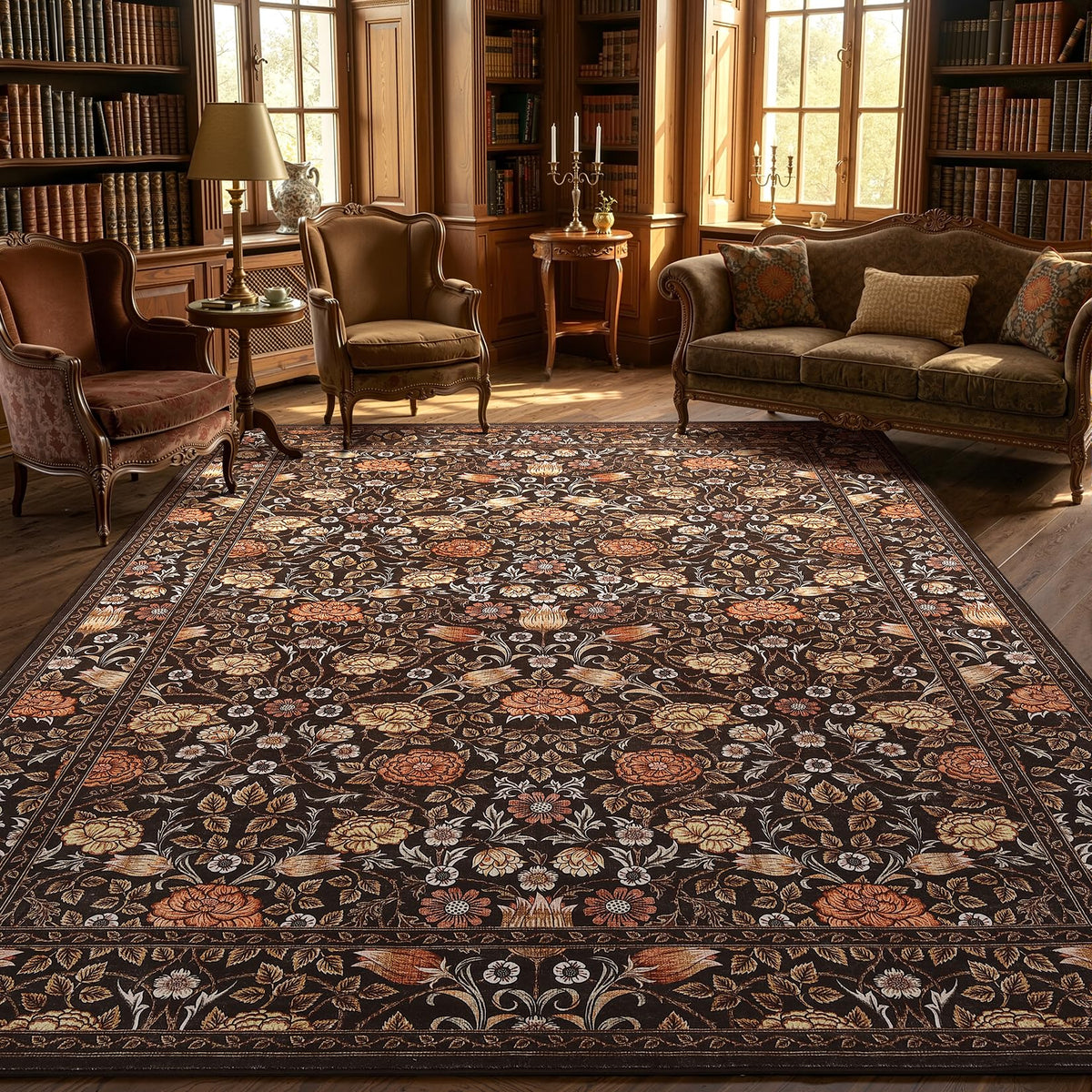 GarveeHome brown vintage floral rug 5x7 in living room with non-slip backing for stability.