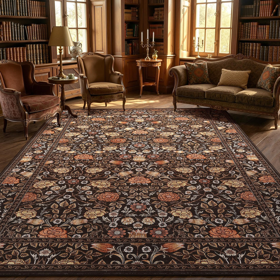 GarveeHome brown vintage floral rug 5x7 in living room with non-slip backing for stability.