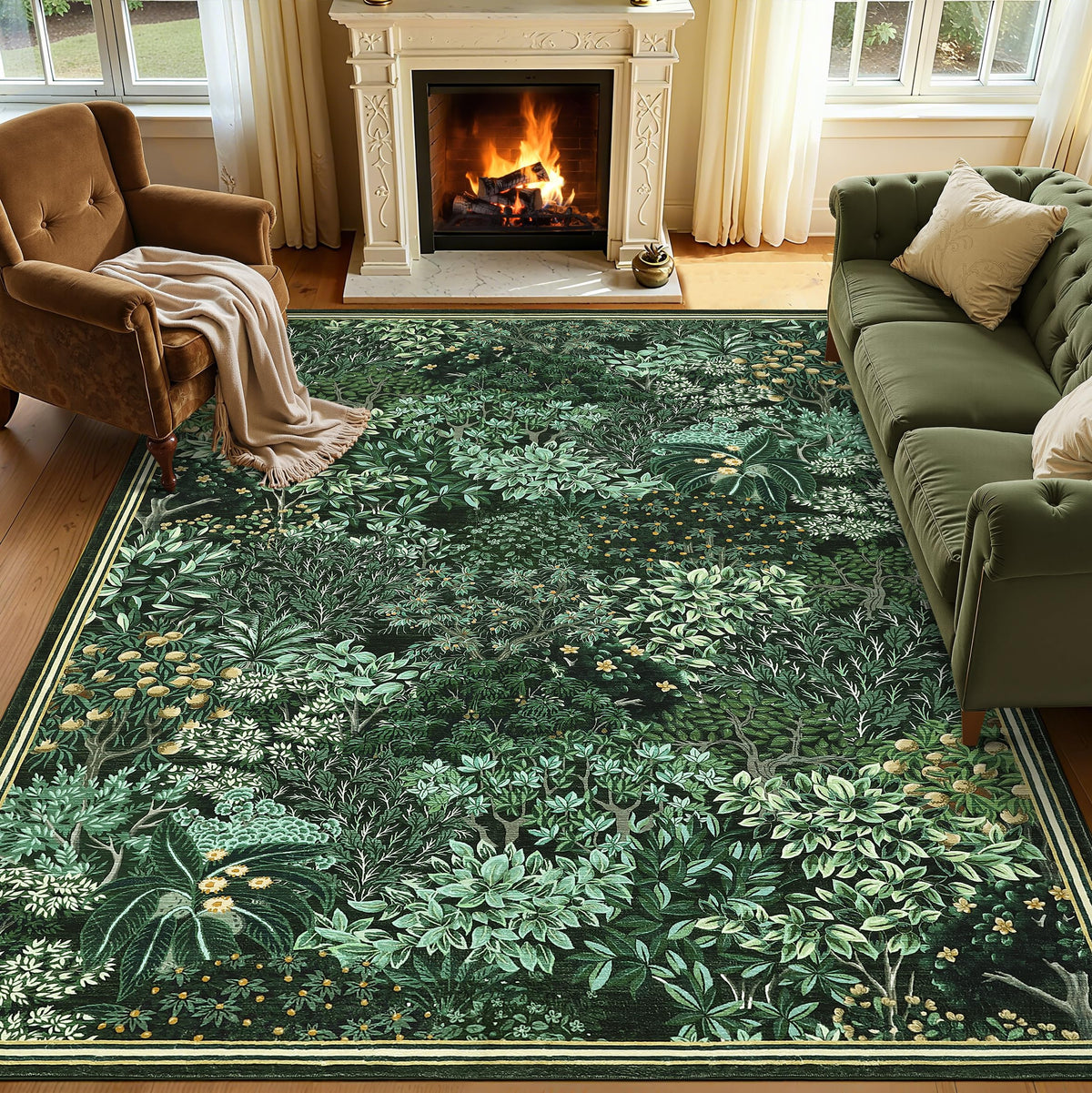 GarveeHome Forest Rugs 5x7 with green-washed look, easy cleaning for living rooms.
