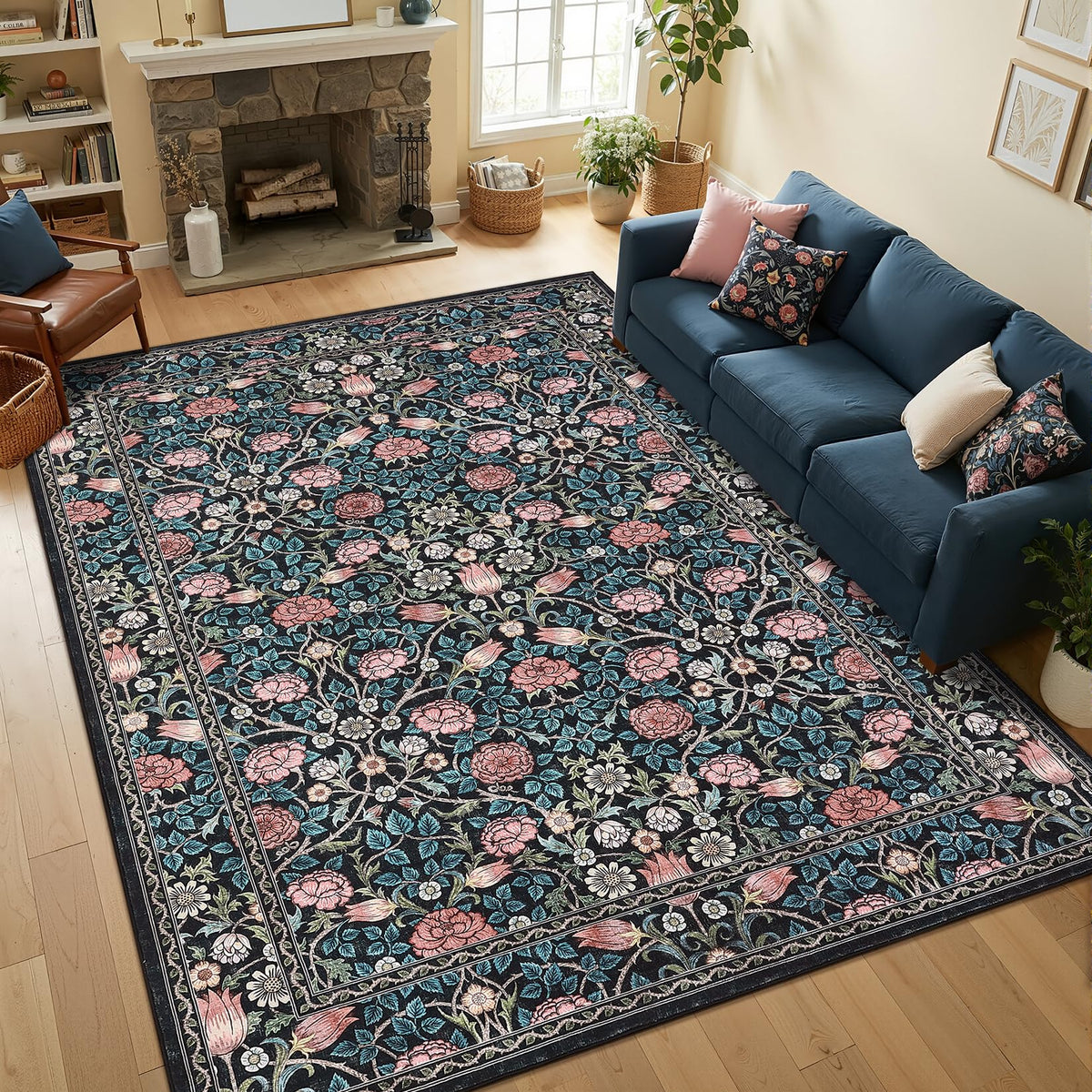 GarveeHome Indigo Blue and Pink Vintage Floral Rug design close-up for living room style.
