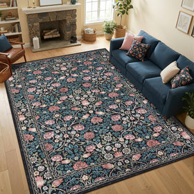 GarveeHome Indigo Blue and Pink Vintage Floral Rug design close-up for living room style.