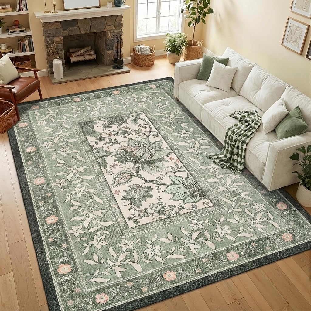 GarveeHome Provence 5x7 botanical grove sage green rug adds cottagecore ambiance.