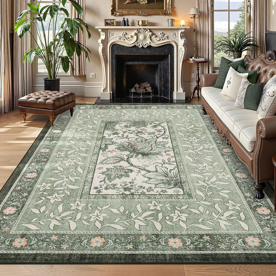GarveeHome Provence rug in botanical grove sage, durable and washable for busy homes.