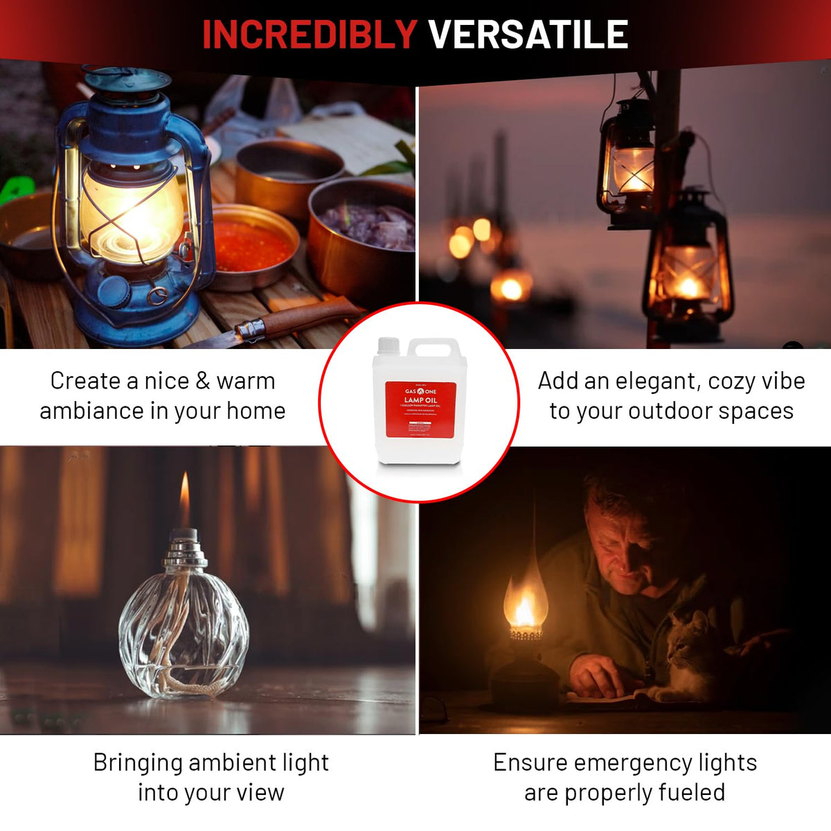Gas One odorless smokeless oil creates comfortable indoor and outdoor ambiance.